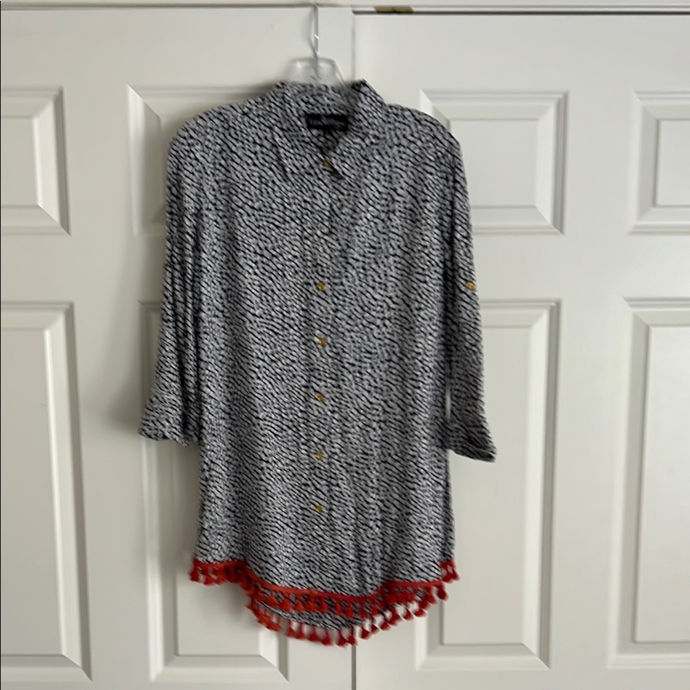 Liza Byrd - Navy and White Patterned Top with Orange Tassel Trim